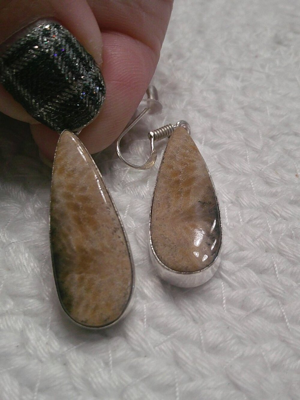 Natural FOSSIL CORAL Handmade Sterling 925 Dangle Earrings #449F